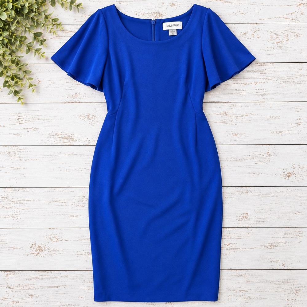Calvin Klein Sheath Dress Royal Blue Flutter Sleeve 10 V-Back Career Cocktail